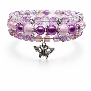 Purple Beaded Butterfly Charm Bracelet Stack Set